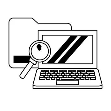 Computer with magnifying glass and document Illustrazione stock