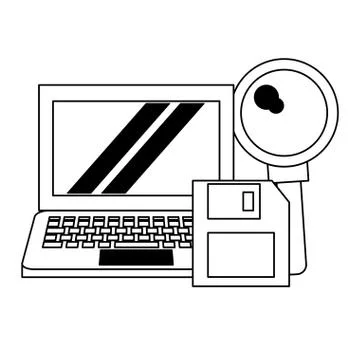 Computer with magnifying glass and document Illustrazione stock