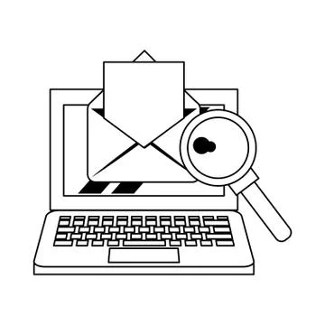 Computer with magnifying glass and document Stock Illustration