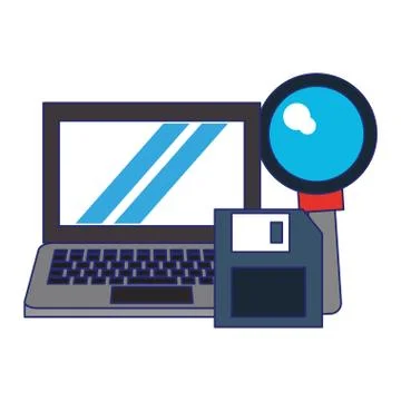 Computer with magnifying glass and document blue lines Stock Illustration