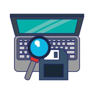 Computer with magnifying glass and document blue lines Illustrazione stock
