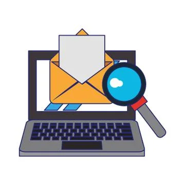 Computer with magnifying glass and document blue lines Stock Illustration
