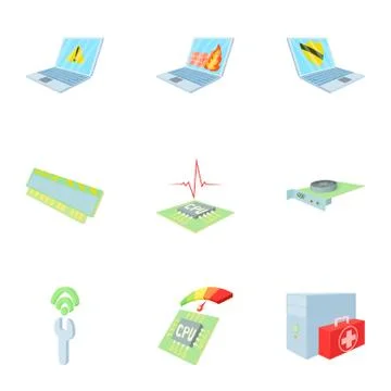 Computer maintenance icons set, cartoon style Stock Illustration