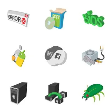 Computer maintenance icons set, cartoon style Illustrazione stock