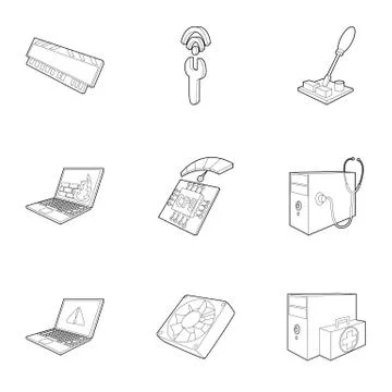 Computer maintenance icons set, outline style Illustrazione stock