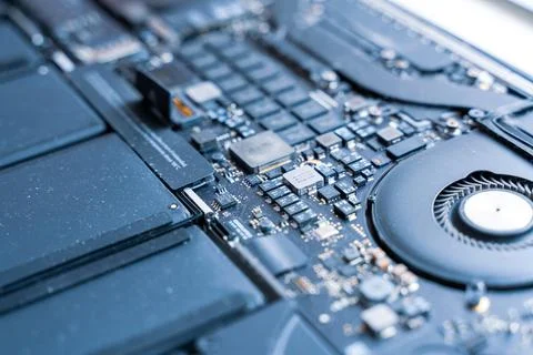 Computer maintenance. Pc technician repair service with laptop on hardware ba Stock Photos