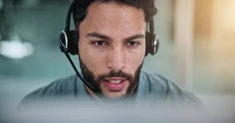 Computer, man and call center consultant with headset in office with crm, t.. Stock Photos