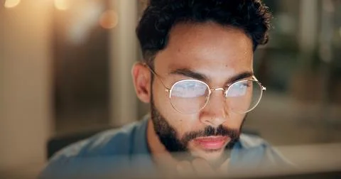 Computer, man and coder with glasses in office with web development Stock Photos