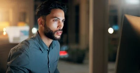 Computer, man and coder in office at night with deadline for web development Stock Photos