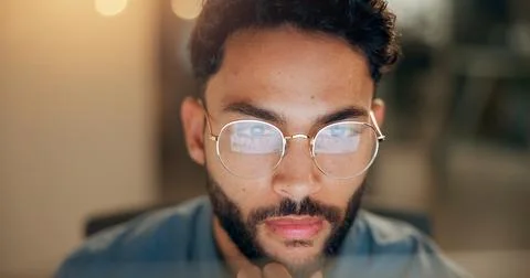 Computer, man and coder with thinking in office with web development Stock Photos