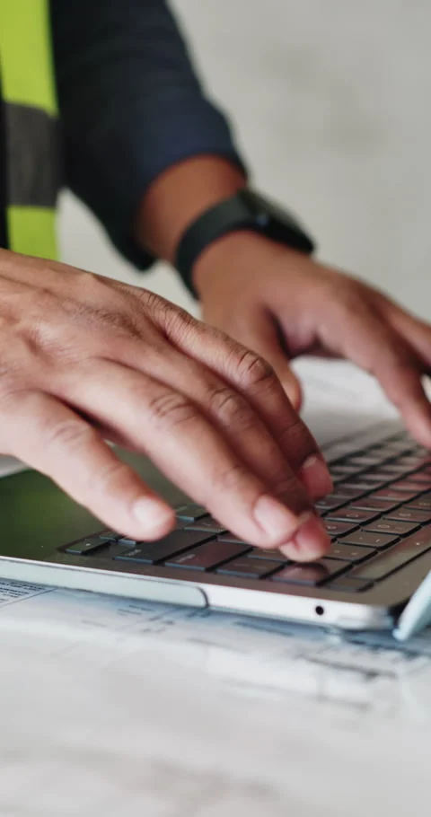 Computer, man and hands of construction worker in office typing for material Stock Footage 331929113