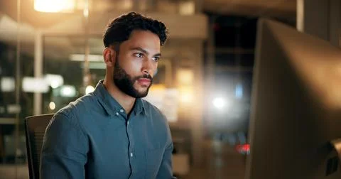 Computer, man and programmer in office at night with deadline for web Stock Photos