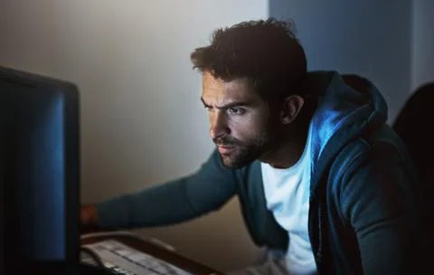 Computer, man or hacker at night for cyber security, coding, software and Stock Photos