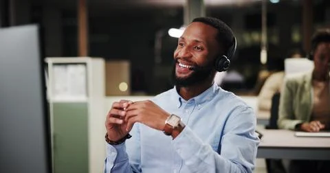 Computer, man or laughing for customer service help, sales consulting or loan Stock Photos