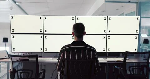 Computer, man or space on screen in control room for trading, finance or stock Stock Photos