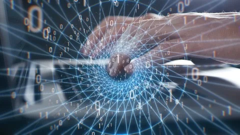 Computer man programmer or hacker prints a code on a laptop keyboard to break Stockbeeldmateriaal 120884143