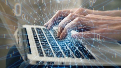Computer man programmer or hacker prints a code on a laptop keyboard to break Stockbeeldmateriaal 120884223