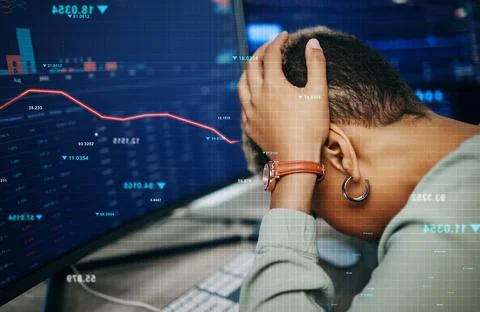 Computer, market crash data and business person sad over stock exchange error 스톡 사진