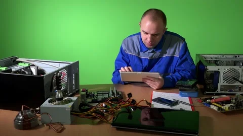 Computer mechanic test parts of the computer against the data in tablet. 4K Stock Footage 139760329