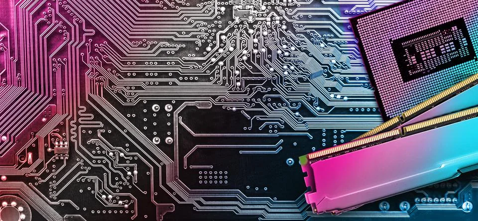Computer memory and  processor on circuit motherboard background . Stock Photos
