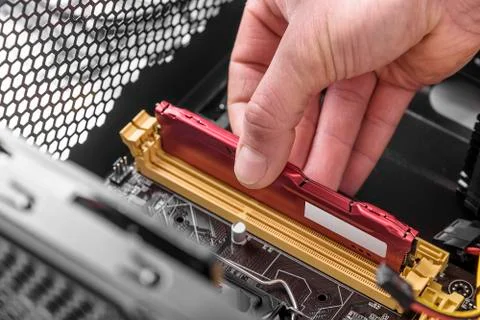 Computer memory installation. Stock Photos