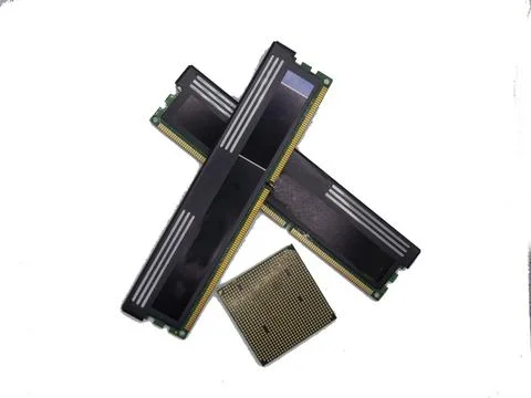 Computer memory modules and central processing unit on a white background Stock Photos