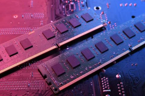 Computer memory RAM on circuit motherboard background . Close up. system, mai Foto stock