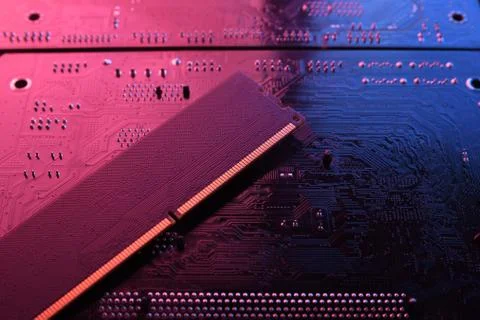 Computer memory RAM on circuit motherboard background . Close up. system, mai Stock Photos
