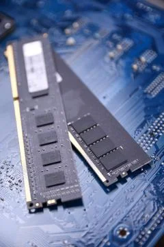 Computer memory RAM on motherboard background . Close up. system, main memory Stock Photos