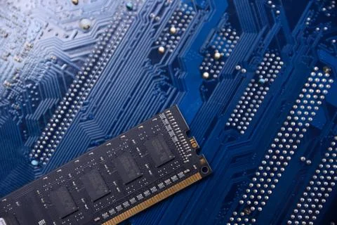 Computer memory RAM on motherboard background . Close up. system, main memory Foto stock