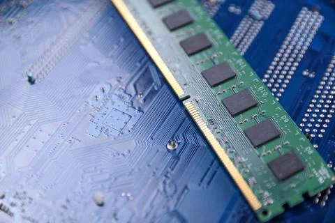 Computer memory RAM on motherboard background . Close up. system, main memory Foto stock