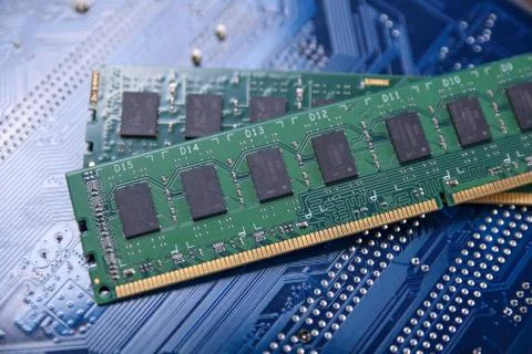 Computer memory RAM on motherboard background . Close up. system, main memory Stock Photos