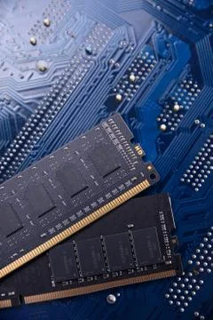 Computer memory RAM on motherboard background . Close up. system, main memory Stock Photos