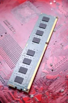 Computer memory RAM on motherboard background . Close up. system, main memory 스톡 사진
