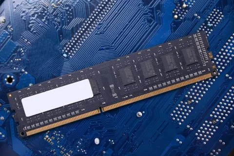 Computer memory RAM on motherboard background . Close up. system, main memory Stock Photos