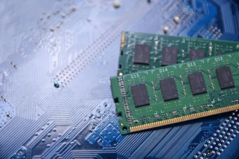 Computer memory RAM on motherboard background . Close up. system, main memory Foto stock