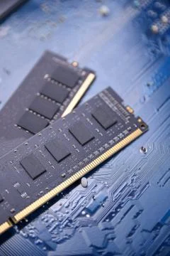 Computer memory RAM on motherboard background . Close up. system, main memory Stock Photos