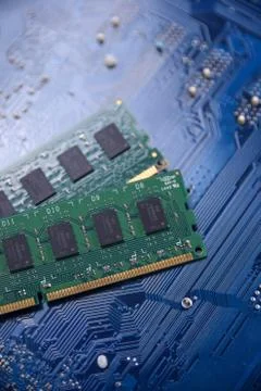 Computer memory RAM on motherboard background . Close up. system, main memory Stock Photos