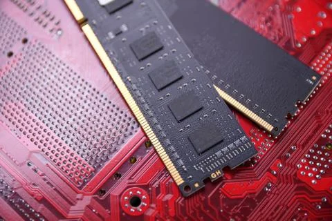 Computer memory RAM on motherboard background . Close up. system, main memory 写真素材
