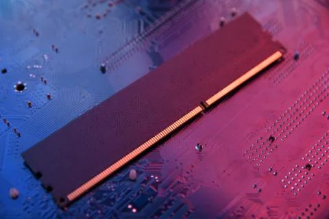 Computer memory RAM on motherboard background . Close up. system, main memory Stock Photos