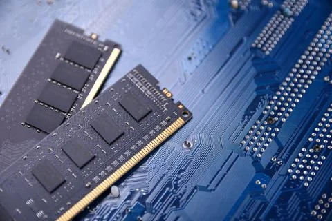 Computer memory RAM on motherboard background . Close up. system, main memory Stock Photos