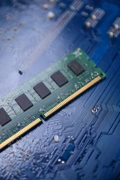 Computer memory RAM on motherboard background . Close up. system, main memory Stock Photos