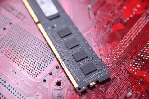 Computer memory RAM on motherboard background . Close up. system, main memory Stock Photos