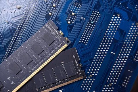 Computer memory RAM on motherboard background . Close up. system, main memory Stock Photos