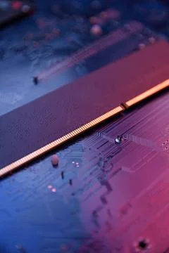 Computer memory RAM on motherboard background . Close up. system, main memory Stock Photos