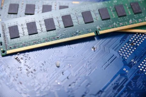 Computer memory RAM on motherboard background . Close up. system, main memory Stock Photos