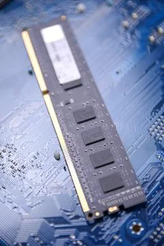 Computer memory RAM on motherboard background . Close up. system, main memory Stock Photos
