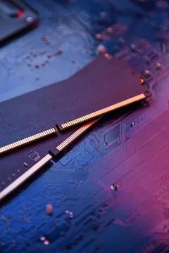 Computer memory RAM on motherboard background . Close up. system, main memory Stock Photos