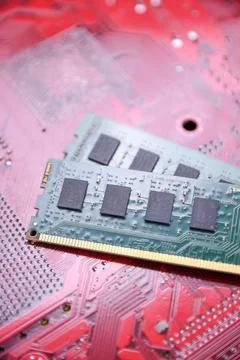 Computer memory RAM on motherboard background . Close up. system, main memory Photos