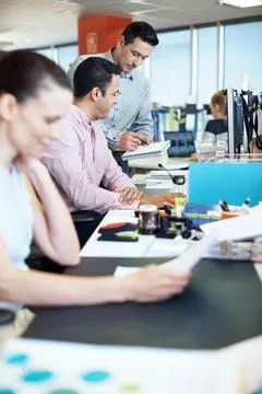 Computer, men and advice on notebook in office for blog ideas, article tips and Stock Photos